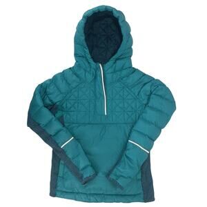 Girl's Ivivva by Lululemon Down Jacket Hoodie Size 14 Green Pullover 1/4 Zip EUC